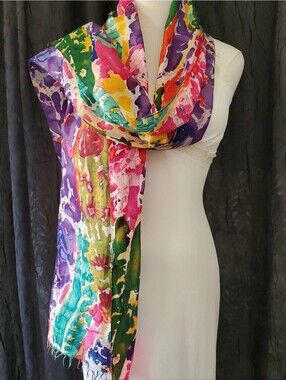 Vintage EXPRESS Silk Scarf ABSTRACT WATERCOLOR Fringe RECTANGLE 76 x 10"